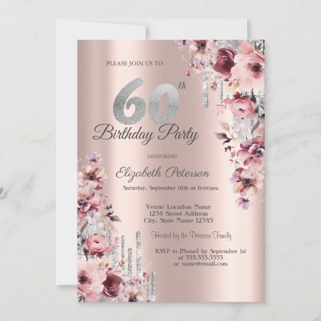 Glitter Drips Rose Gold Pink Floral 60th Birthday Invitation (Front)
