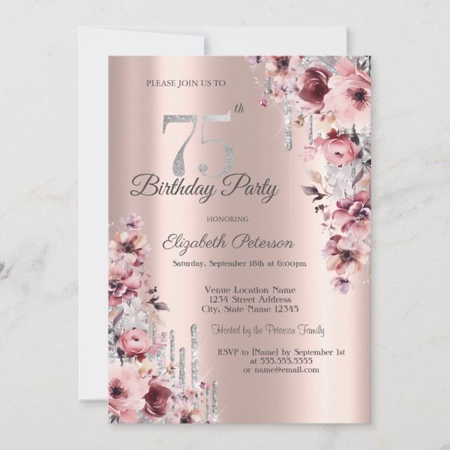 Glitter Drips Rose Gold Pink Floral 75th Birthday  Invitation (Front)