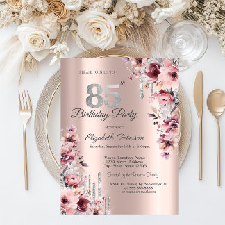 Glitter Drips Rose Gold Pink Floral 85th Birthday  Invitation