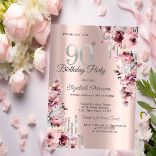 Glitter Drips Rose Gold Pink Floral 90th Birthday  Invitation