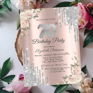Glitter Drips,Rose Gold Roses 70th Birthday  Invitation