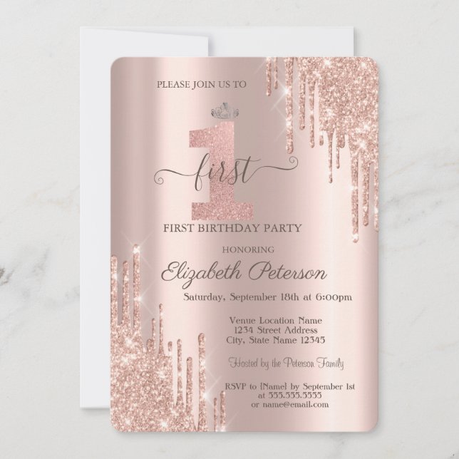 Glitter Drips Rose Gold Silver Tiara 1st Birthday Invitation (Front)