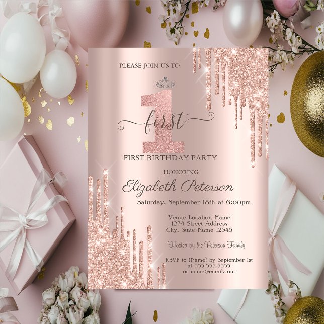 Glitter Drips Rose Gold Silver Tiara 1st Birthday Invitation (Creator Uploaded)