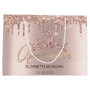Glitter Drips Rose Gold Tiara Quinceañera Large Gift Bag