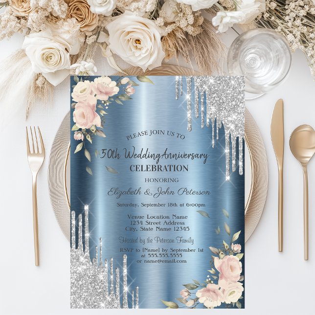 Glitter Drips,Roses, Blue Wedding Anniversary Invitation (Creator Uploaded)