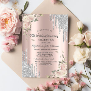 Glitter Drips,Roses, Rose Gold Wedding Anniversary Invitation