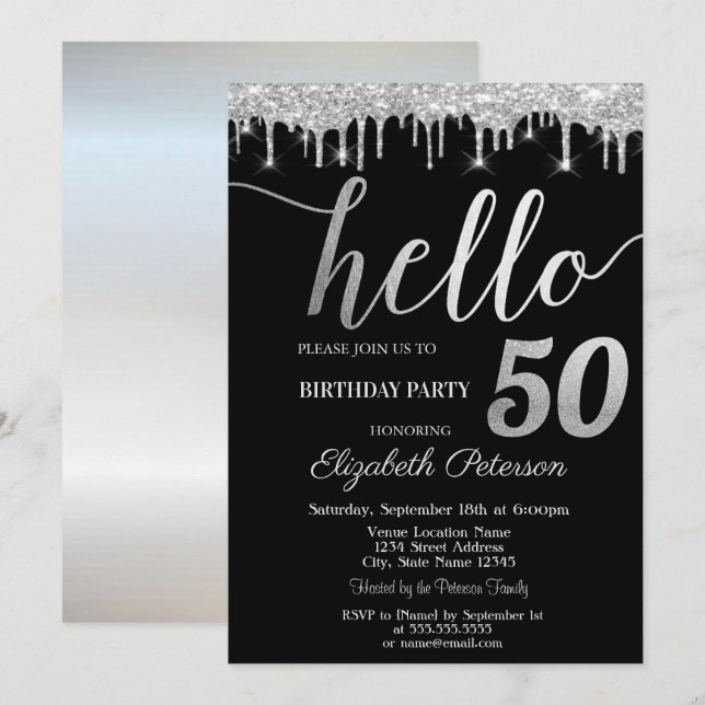 Glitter Drips Silver 50th Birthday Party  Invitation (Front/Back)