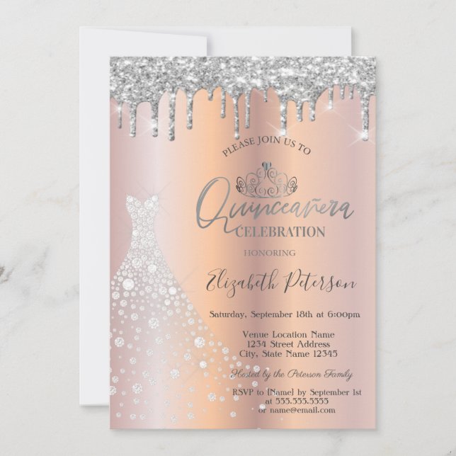 Glitter Drips Silver Diamond Dress Quinceañera  Invitation (Front)