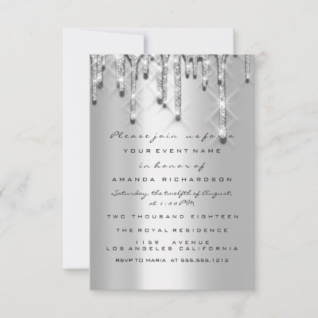 Glitter Drips Silver Grey  Bridal Sweet 16th 3d Invitation (Front)