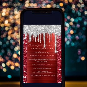 Glitter Drips Silver Red Ruby Bridal Sweet 16th  Invitation