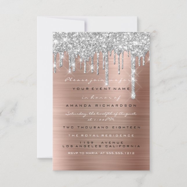 Glitter Drips Silver Rose Gold  Bridal Sweet 16th Invitation (Front)