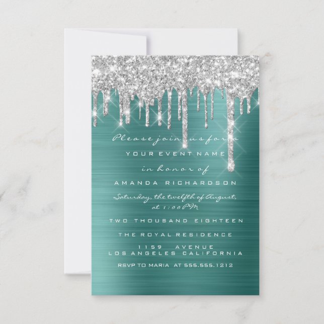 Glitter Drips Silver Teal Green Bridal Sweet 16th Invitation (Front)