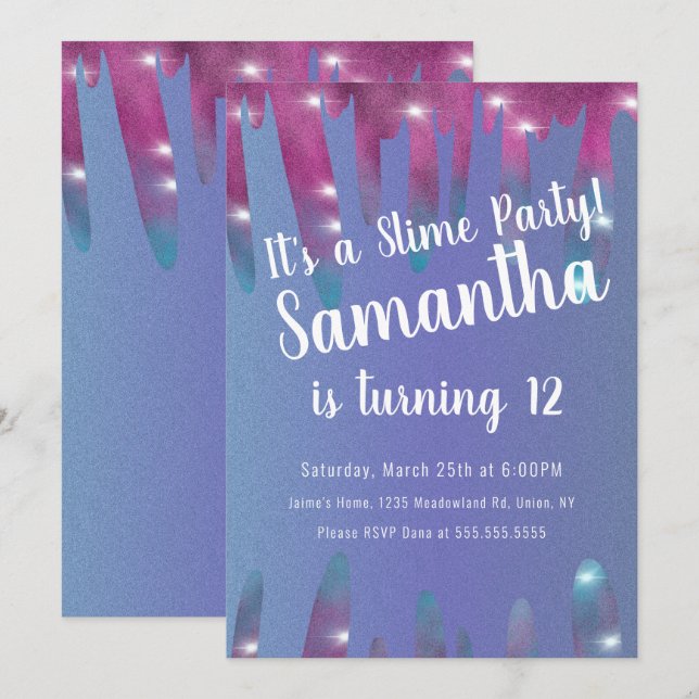Glitter Drips Slime Party Birthday Sparkle Blue Invitation (Front/Back)
