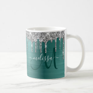Glitter Drips Teal Brushed Metal Monogram Coffee Mug
