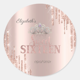  Glitter Drips Tiara Rose Gold Sweet 16    Classic Round Sticker