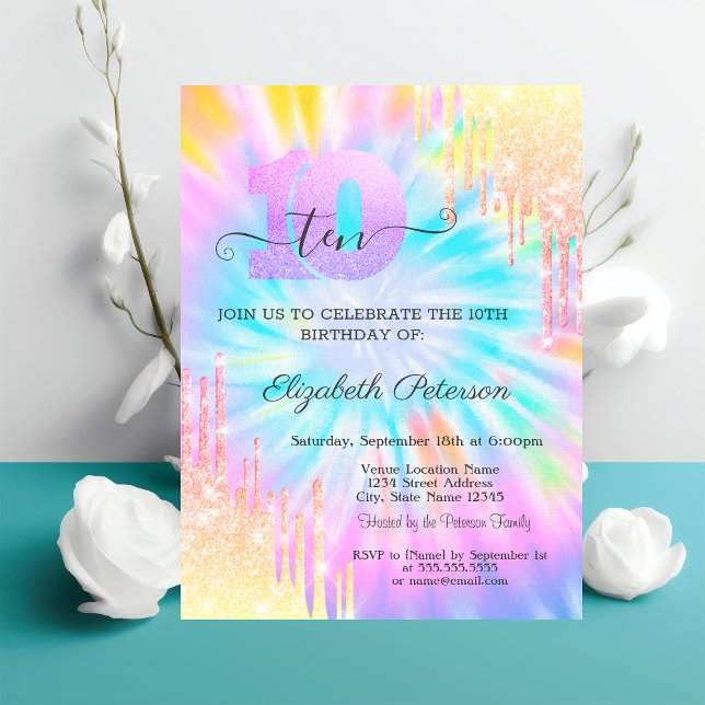 Glitter Drips Tie Dye 10th Birthday Invitation (Creator Uploaded)
