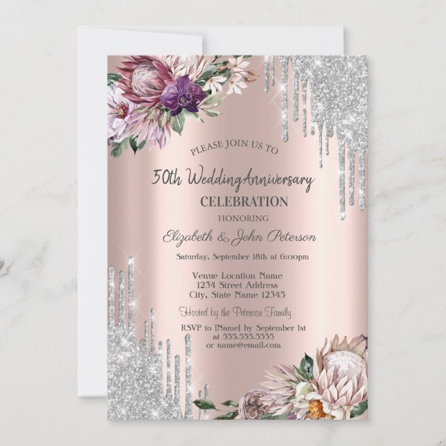 Glitter Drips,Tropical Flowers Rose Gold Wedding  Invitation (Front)