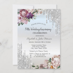 Glitter Drips,Tropical Flowers Silver Wedding  Invitation