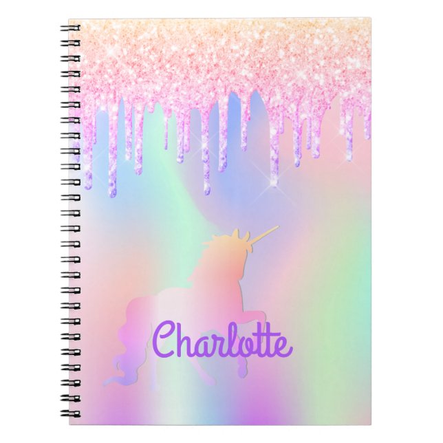 Glitter drips unicorn pink rose gold monogram notebook (Front)