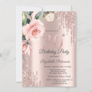 Glitter Drips Watercolor Roses 30th Birthday Invitation