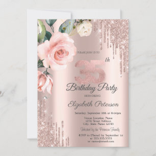 Glitter Drips Watercolor Roses 35th Birthday   Invitation