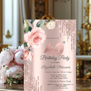 Glitter Drips Watercolor Roses 40th Birthday   Invitation