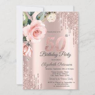 Glitter Drips Watercolor Roses 50th Birthday Invitation