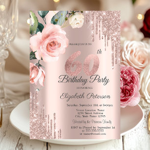 Glitter Drips Watercolor Roses 60th Birthday   Invitation