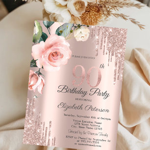 Glitter Drips Watercolor Roses 90th Birthday Invitation