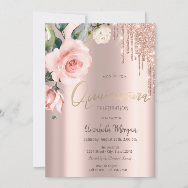Glitter Drips Watercolor Roses Quinceañera Invitation (Front)