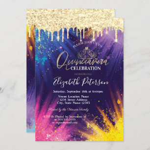 Glitter Drips Watercolor Splash Quinceañera Invitation