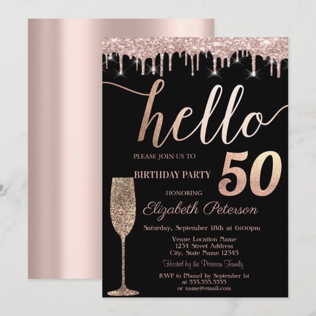 Glitter Drips,Wine Glass 50th Birthday Party Invitation (Front/Back)