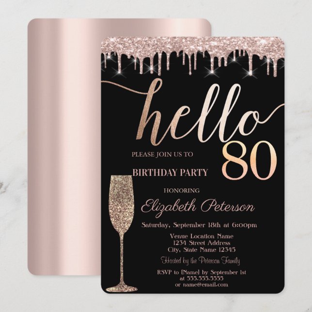 Glitter Drips,Wine Glass 80th Birthday Party  Invitation (Front/Back)