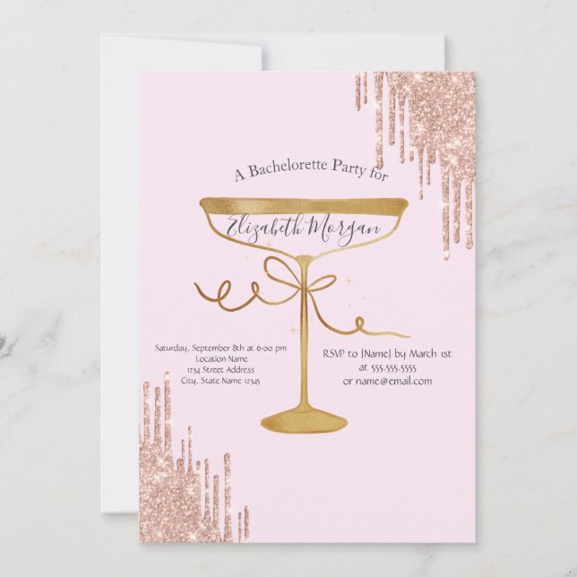 Glitter Drips Wine Glass Pink Bachelorette  Invitation (Front)