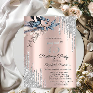 Glitter Drips,Winter Flowers  75th Birthday Invitation