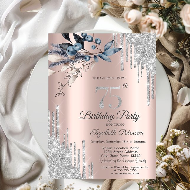 Glitter Drips,Winter Flowers  75th Birthday Invitation (Creator Uploaded)