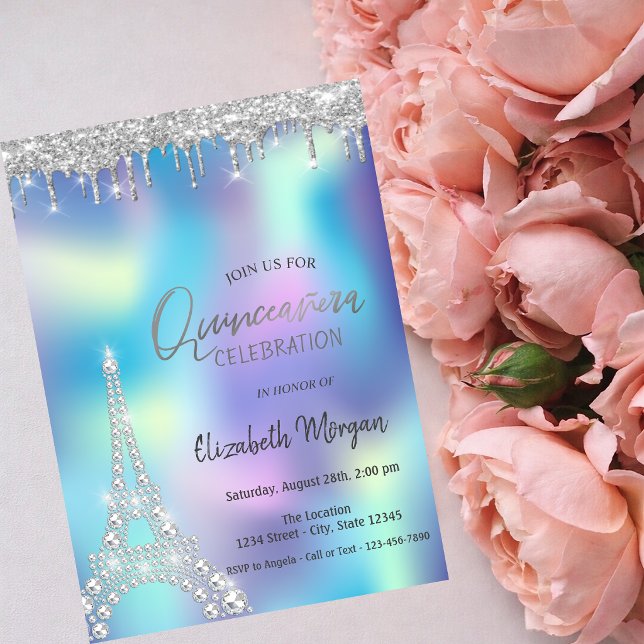 Glitter Drop Diamonds Eiffel Tower Quinceanera Invitation (Creator Uploaded)