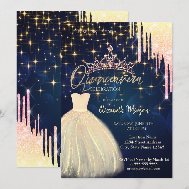 Glitter Drop Tiara Dress Navy Blue Quinceañera  Invitation (Front/Back)