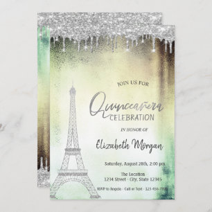 Glitter Drops,Eiffel Tower Green Quinceanera Invitation