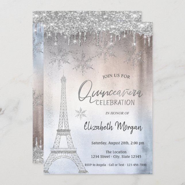Glitter Drops Eiffel Tower Snowflakes Quinceañera Invitation (Front/Back)