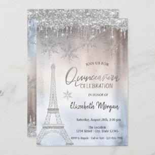 Glitter Drops Eiffel Tower Snowflakes Quinceañera Invitation