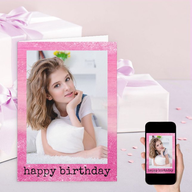 Glitter Dust Ombre Sparkle Pink Photo Birthday Card (Creator Uploaded)