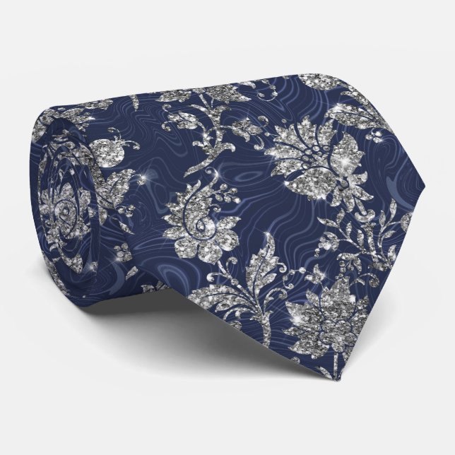 Glitter Dusty Blue and Silver Floral Tie (Rolled)