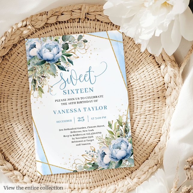 Glitter Dusty Blue White Gold Flowers Sweet 16  Invitation (Glitter Dusty Blue White Gold Flowers Sweet 16 Invitation)
