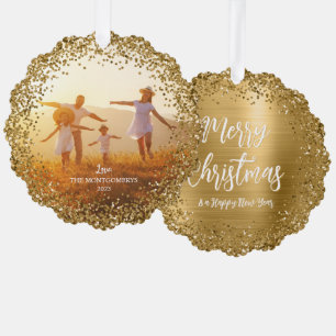 Glitter Edge Family Photo Merry Christmas Tree Decoration Card