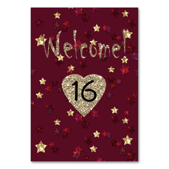 Glitter editable stars shine red golden gold heart table number (Front)
