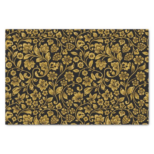Image of Glitter Effect Gold Floral on Black Tissue Paper