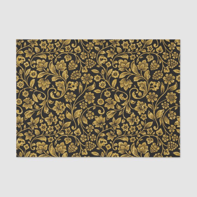 Glitter Effect Gold Floral on Black Tissue Paper (Front)