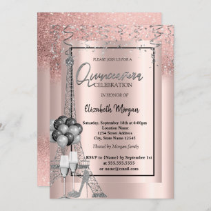 Glitter Eiffel Balloons Rose Gold Quinceañera Invitation