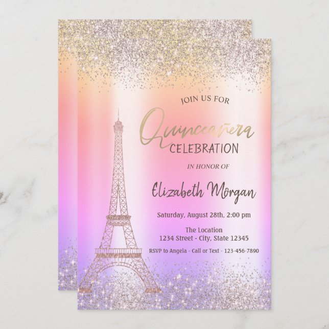 Glitter Eiffel Confetti Ombre Quinceañera   Invitation (Front/Back)